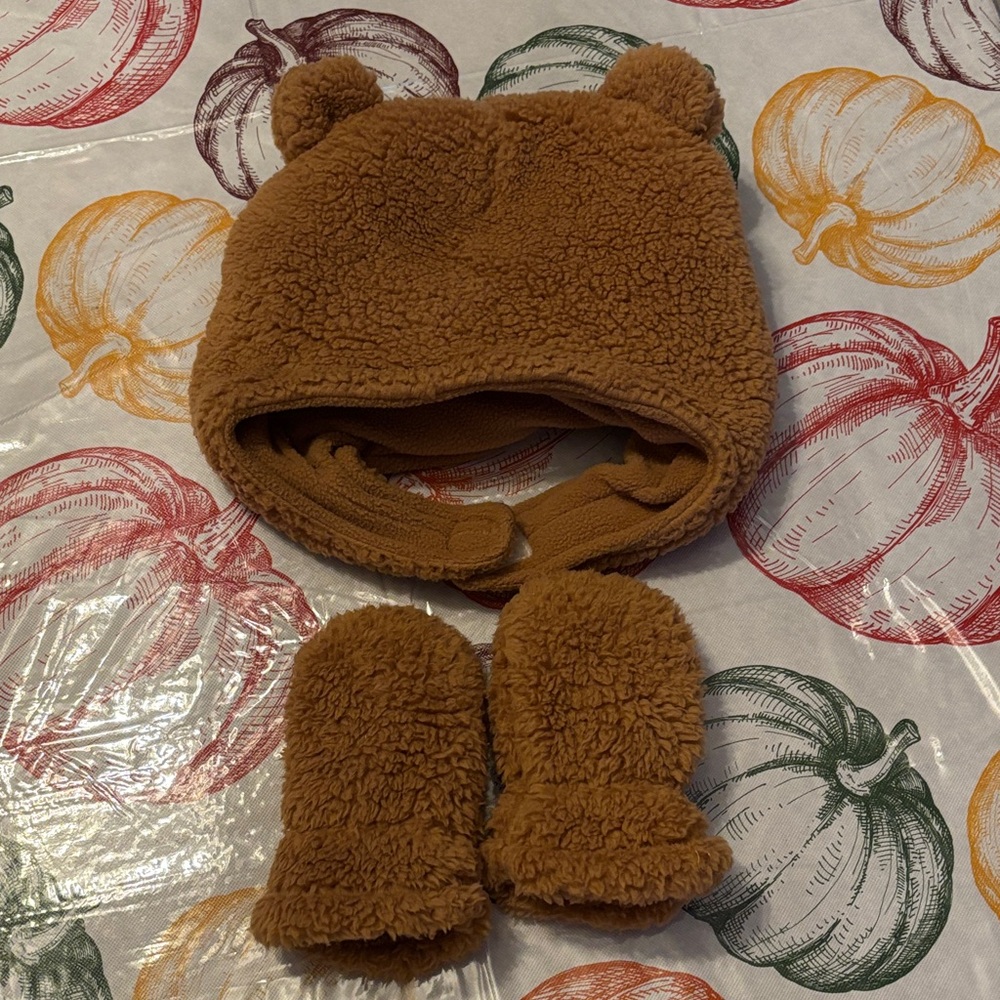 Cozy Brown Bear Ear Hat and Mittens Set
